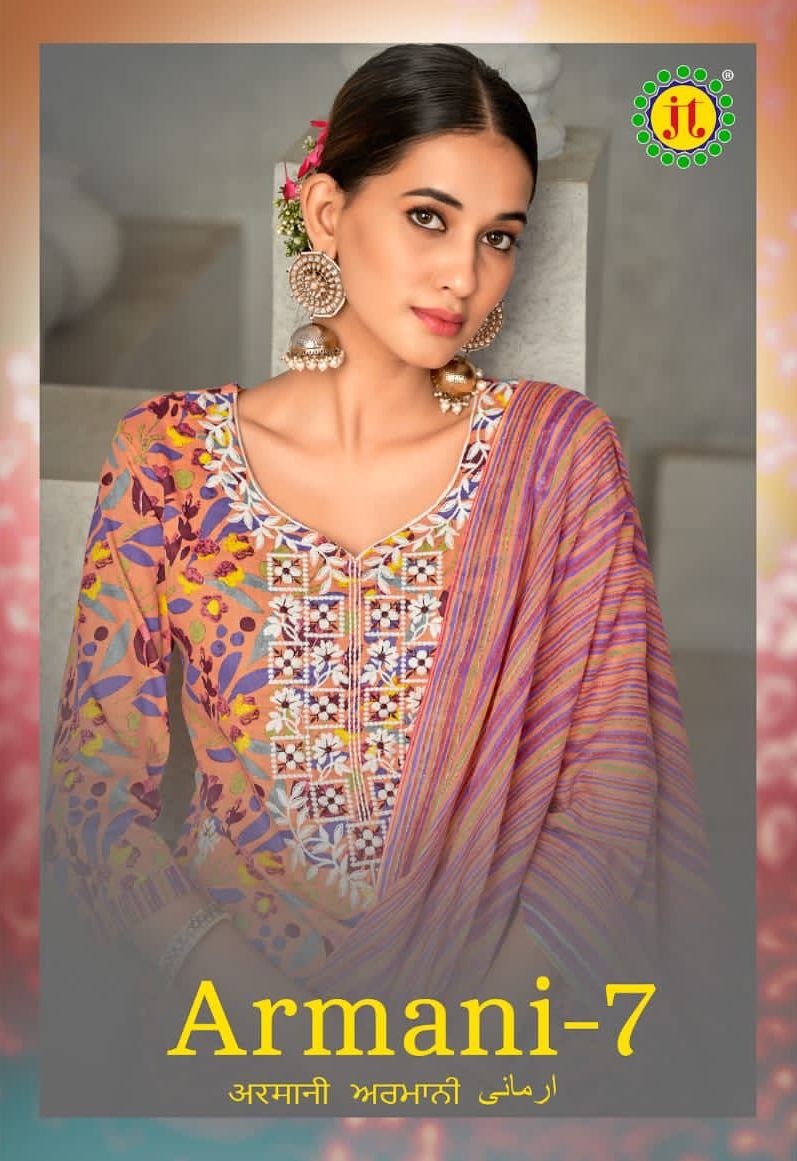 Jt textile armani vol 7 Slub Cotton With Neck Embroidery Work Salwar Kameez At Wholesale Rate