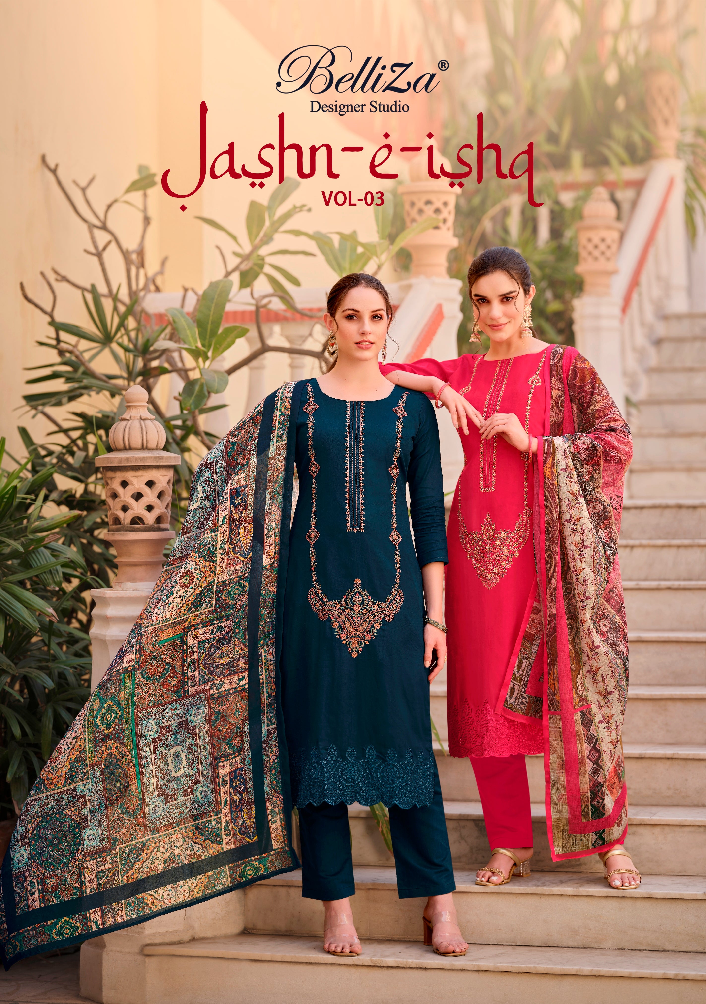 Belliza Designer Suits Jashn E Ishq Vol 3 Jam Cotton With Embroidery Work Partywear Suits For Women