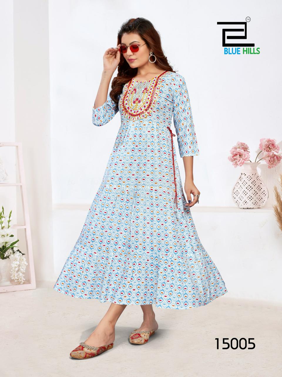 Blue Hills Sarfaraz Vol 15 Rayon Print With Neck Embroidery Gown Style Readymade Kurti - jilaniwholesalesuit