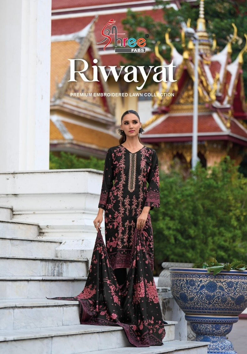 Shree fabs riwayat premium embroidered lawn collection chiffon dupatta Pakistani suits wholesale supplier in surat