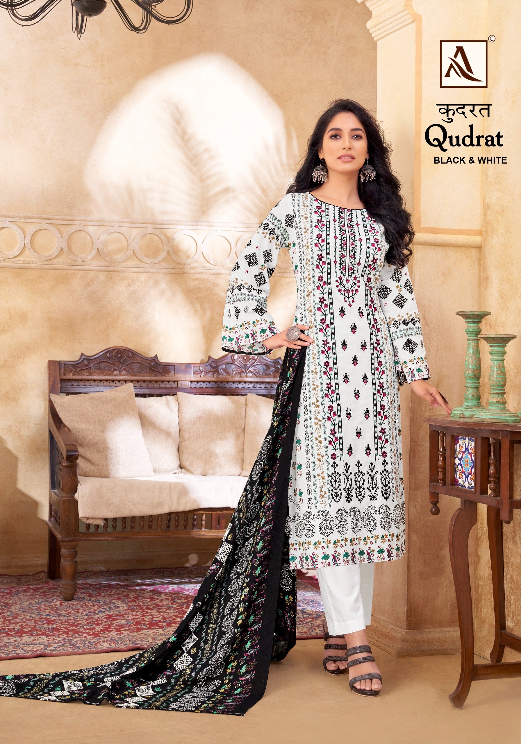 Alok Suits Qudrat Black & White Cotton With Embroidery Work Salwar Suits At Wholesale Rate