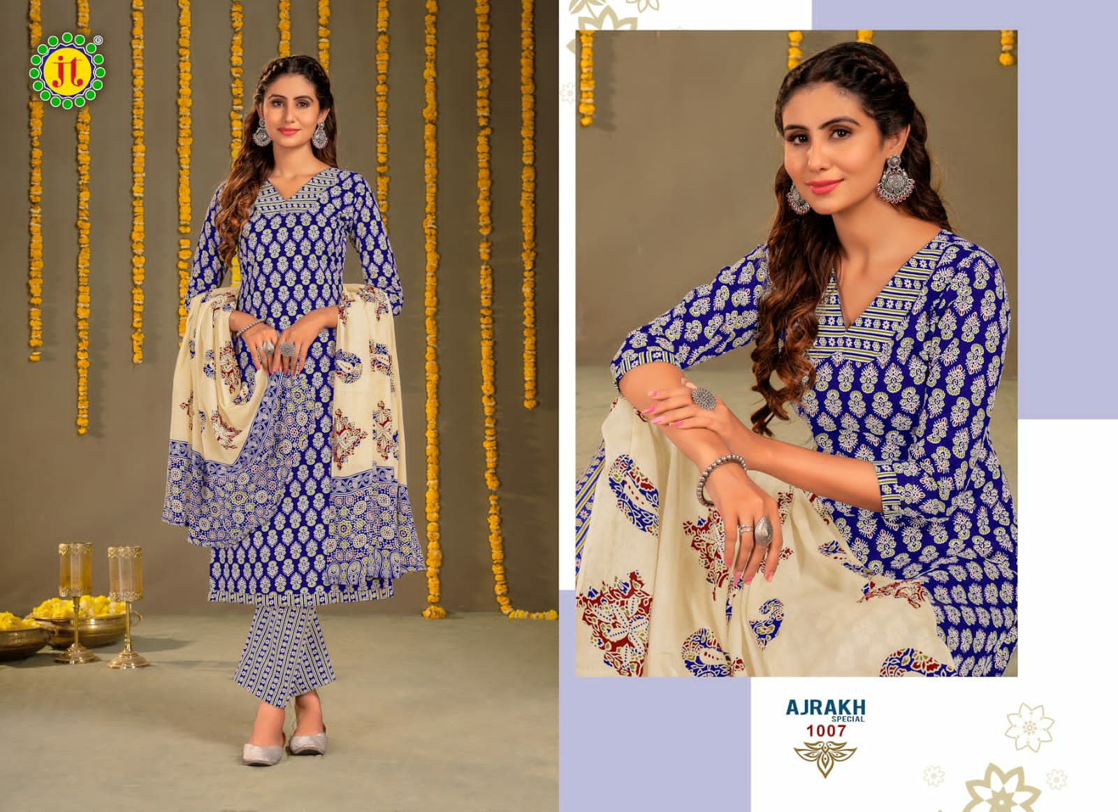 Buy Women's Ajrakh Print Semi natural Pure cambric Cotton Dress Material  with Mulmul cotton Dupatta (Blue 2) at Amazon.in