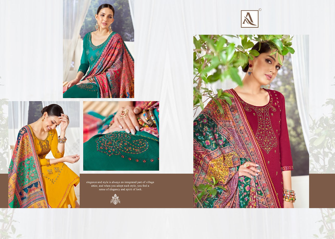 Alok Suits Kohinoor Zam Designer Kashmiri Long Neck Embroidery Work Salwar Suit Supplier In SUrat - jilaniwholesalesuit