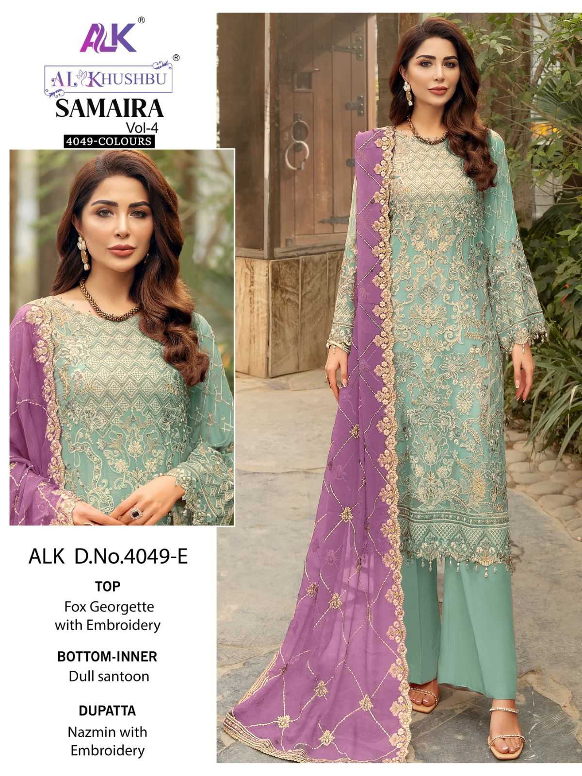Al Khushbu Samaira Vol 4 4049 Colours Georgette with Embroidery Latest  Pakistani suits Collection