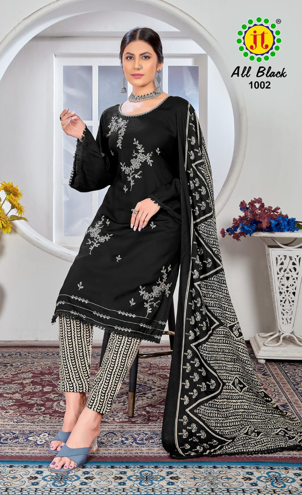 JT Textile All Black Rayon Fabric With Sequence Embroidery Work Dress Material Wholesaler In Jetpur