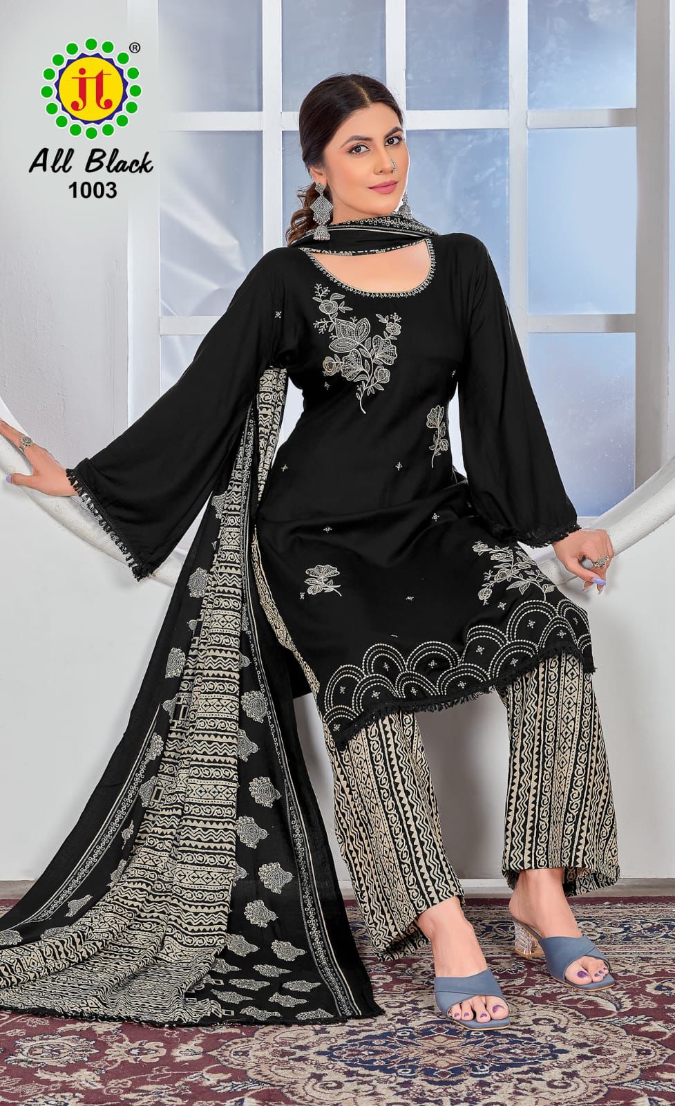 JT Textile All Black Rayon Fabric With Sequence Embroidery Work Dress Material Wholesaler In Jetpur