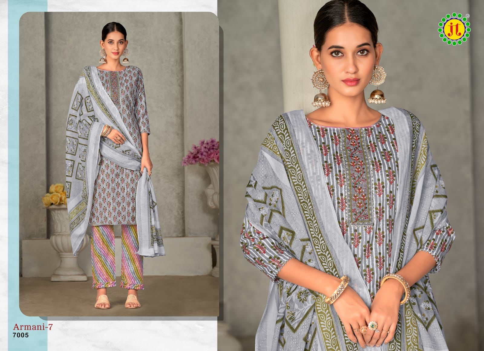 Jt textile armani vol 7 Slub Cotton With Neck Embroidery Work Salwar Kameez At Wholesale Rate - jilaniwholesalesuit