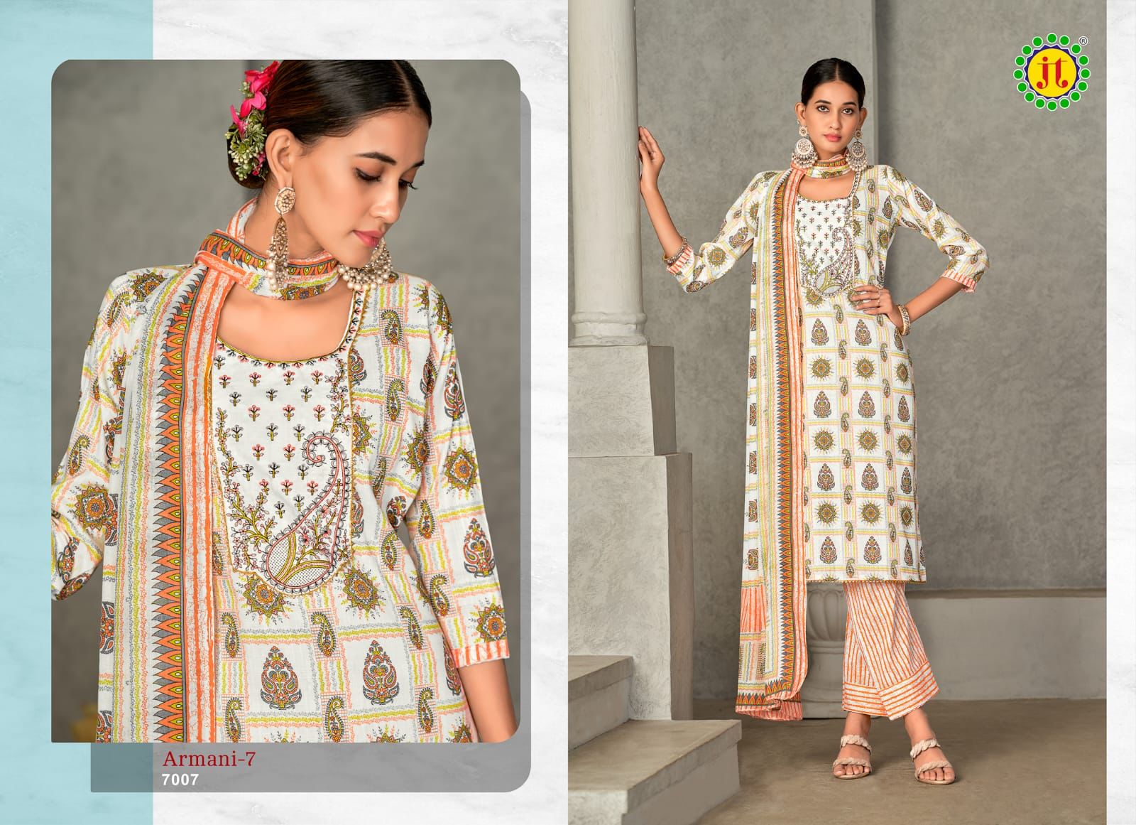 Jt textile armani vol 7 Slub Cotton With Neck Embroidery Work Salwar K