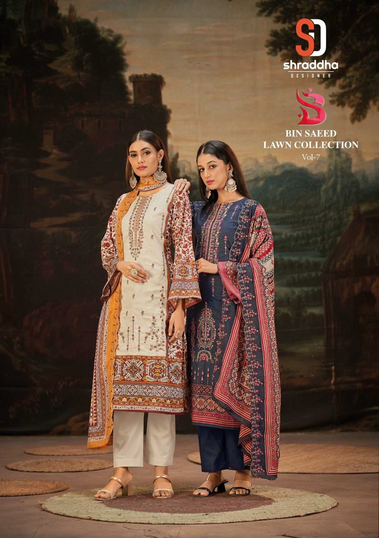 Sharddha Designer Bin Saeed Lawn Collection Vol 7 Cotton With Embroidery Work Salwar Suits Wholesale Supplier