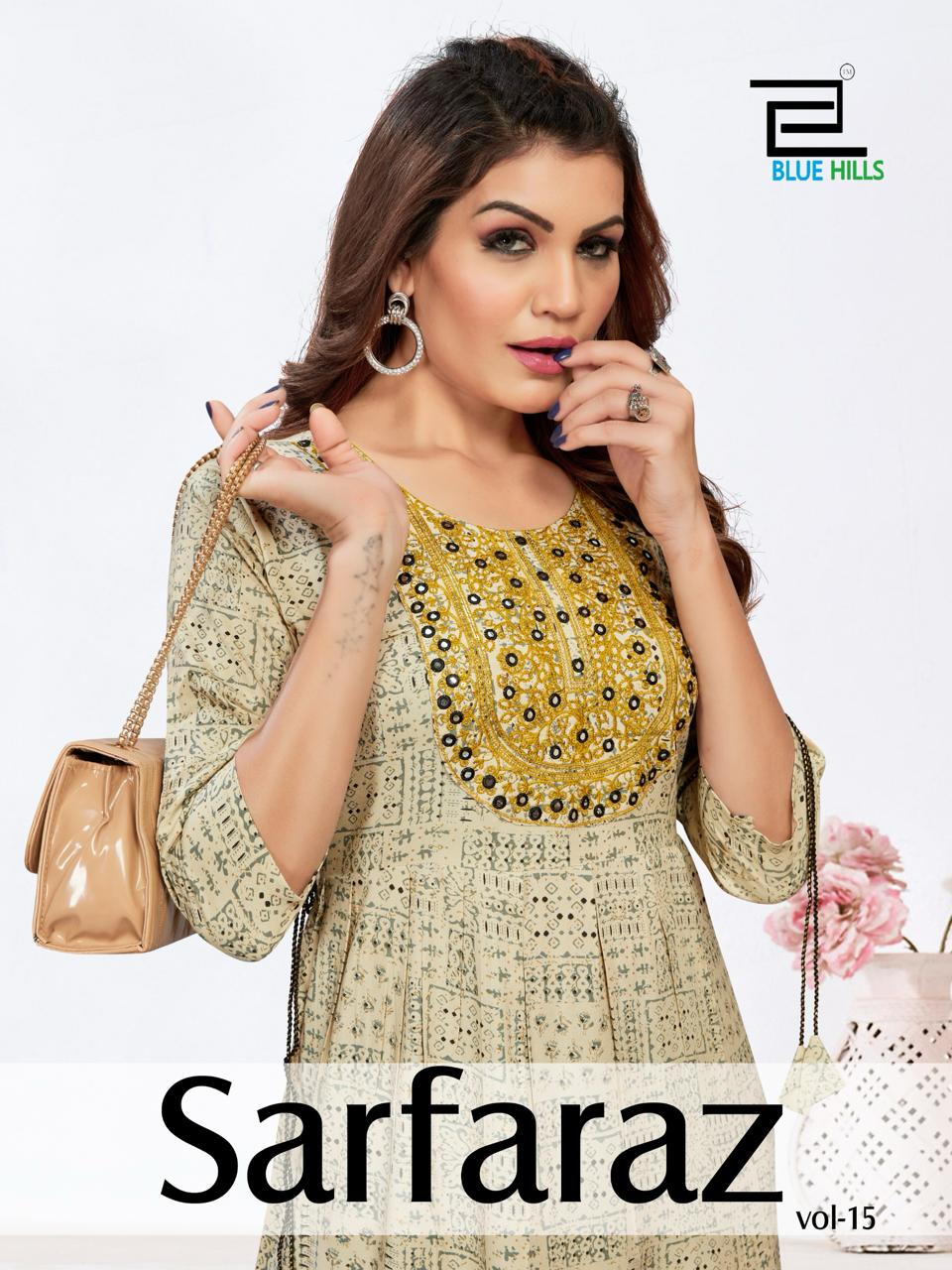 Blue Hills Sarfaraz Vol 15 Rayon Print With Neck Embroidery Gown Style Readymade Kurti - jilaniwholesalesuit