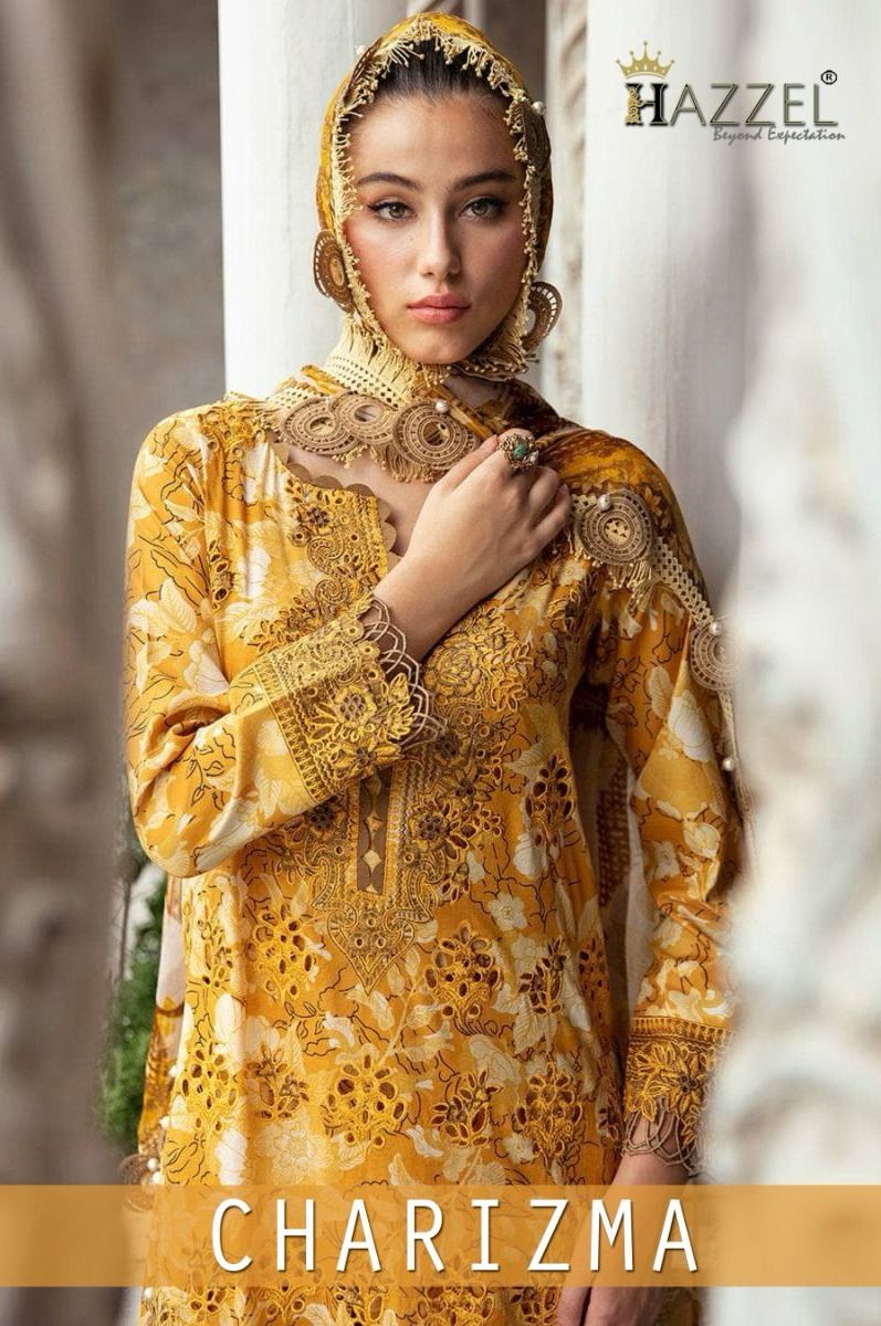 Hazeel Charizma Lawn Cotton With Embroidery Work Chiffon Dupatta Pakistani Salwar Kameez Wholesale Catalouge