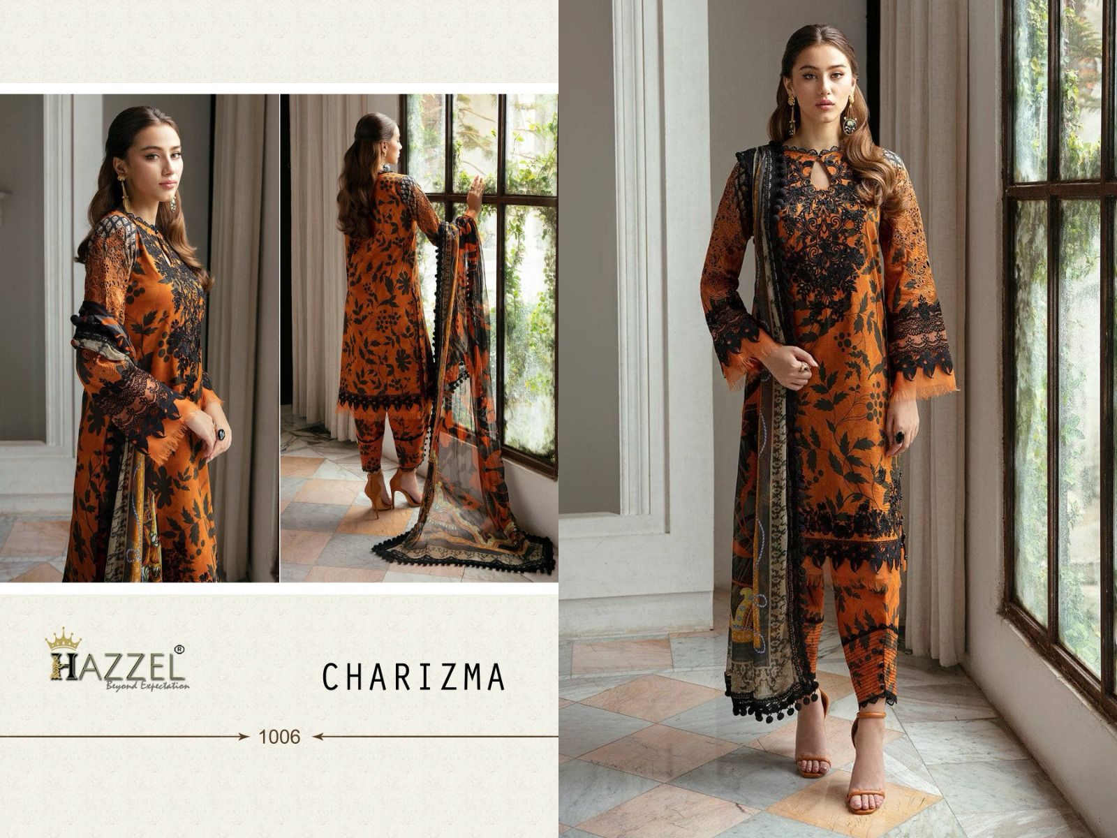 Hazeel Charizma Lawn Cotton With Embroidery Work Chiffon Dupatta Pakistani Salwar Kameez Wholesale Catalouge