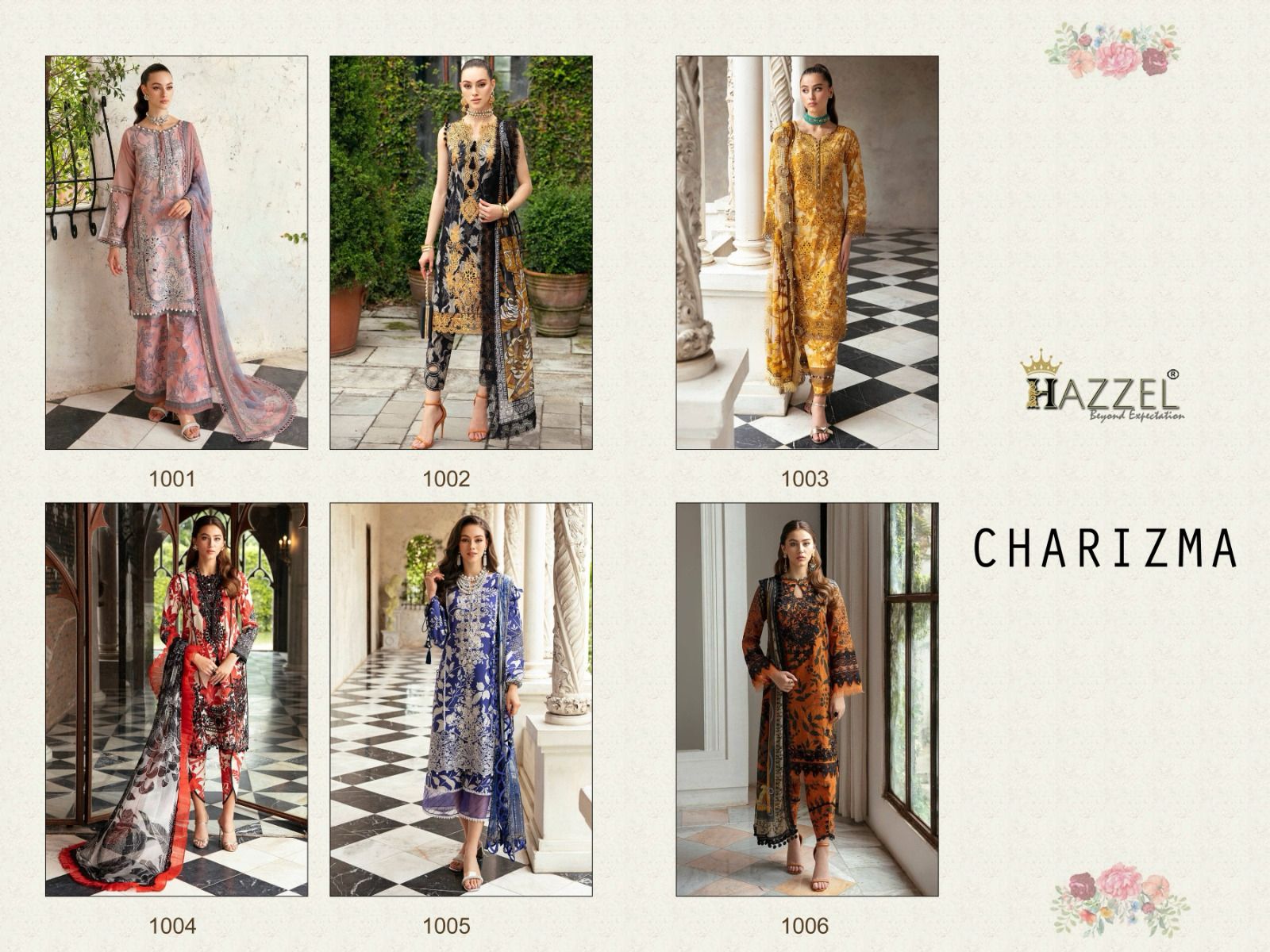 Hazeel Charizma Lawn Cotton With Embroidery Work Chiffon Dupatta Pakistani Salwar Kameez Wholesale Catalouge