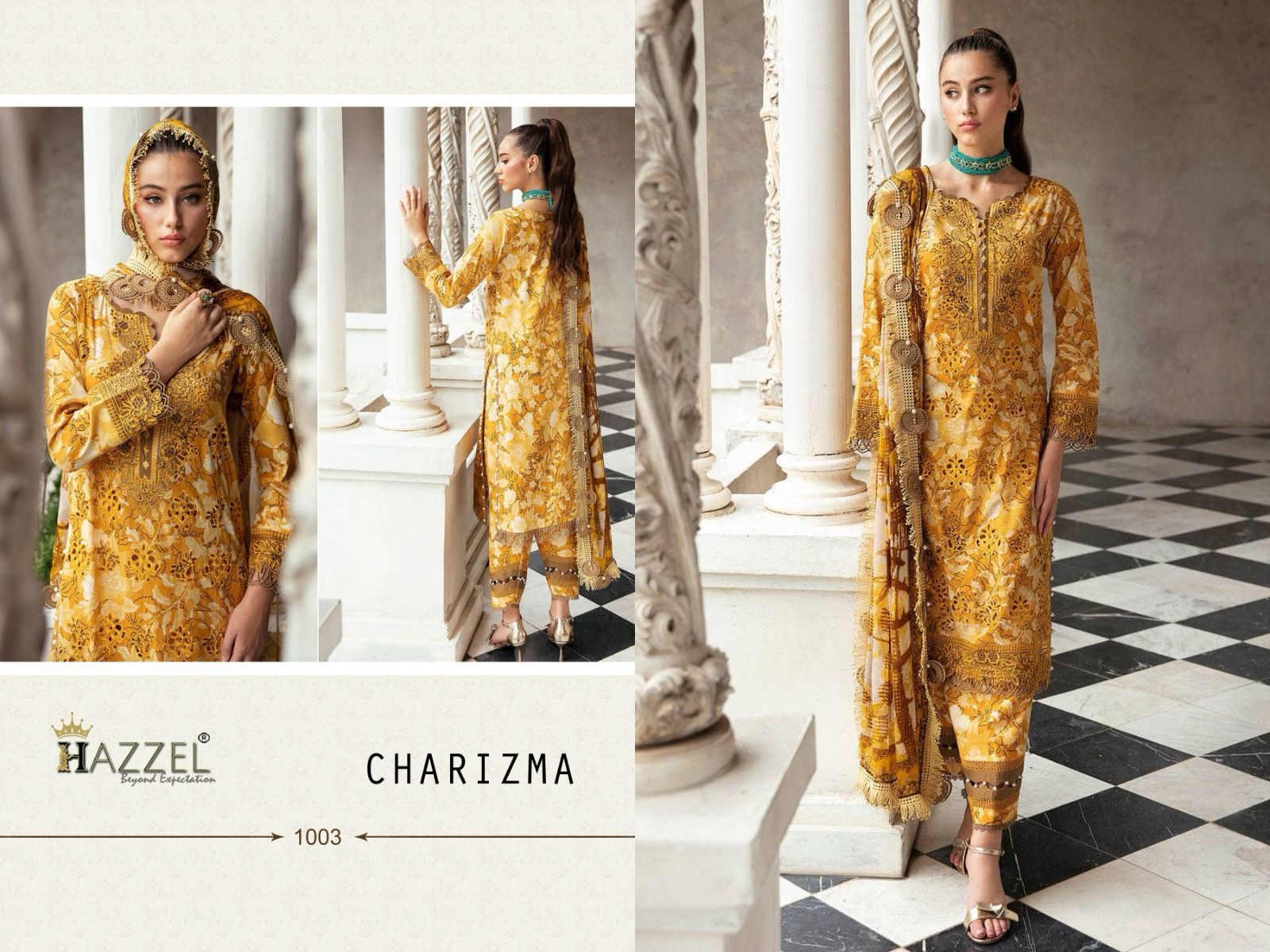 Hazeel Charizma Lawn Cotton With Embroidery Work Chiffon Dupatta Pakistani Salwar Kameez Wholesale Catalouge