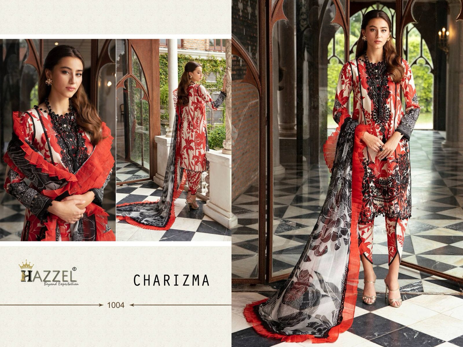 Hazeel Charizma Lawn Cotton With Embroidery Work Chiffon Dupatta Pakistani Salwar Kameez Wholesale Catalouge