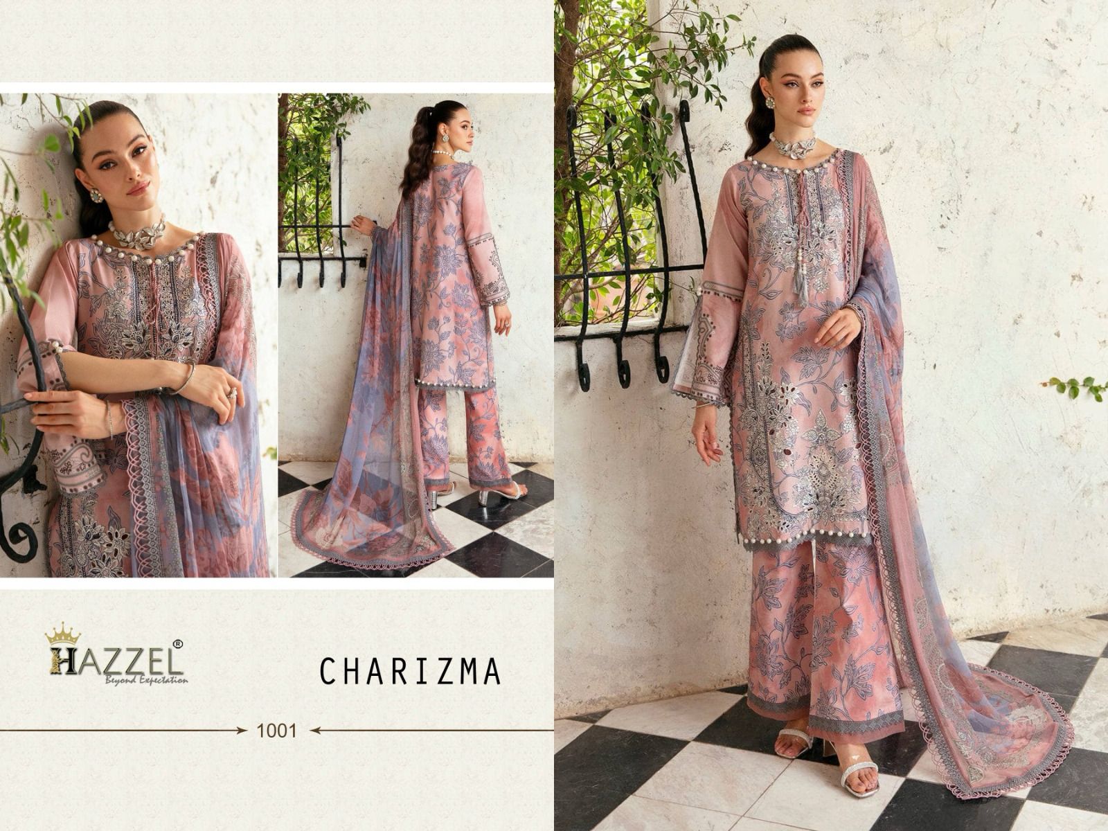 Hazeel Charizma Lawn Cotton With Embroidery Work Chiffon Dupatta Pakistani Salwar Kameez Wholesale Catalouge