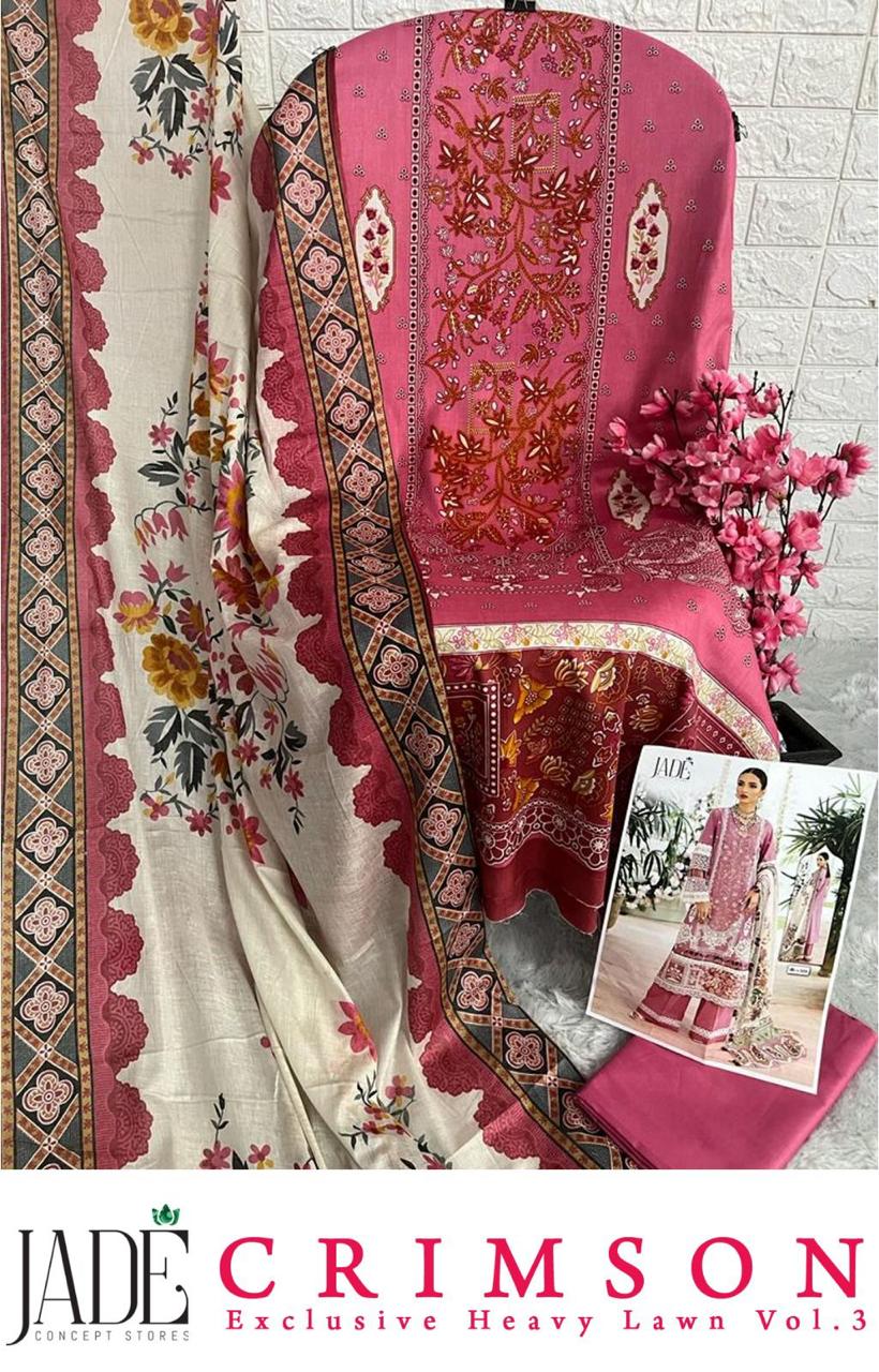 Jade Crimson Exclusive Heavy Lawn Vol 3 Cotton Printed Pakistani Dress Material Supplier In Jetpur - jilaniwholesalesuit