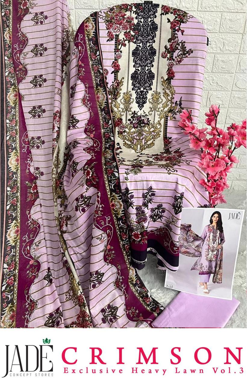 Jade Crimson Exclusive Heavy Lawn Vol 3 Cotton Printed Pakistani Dress Material Supplier In Jetpur - jilaniwholesalesuit