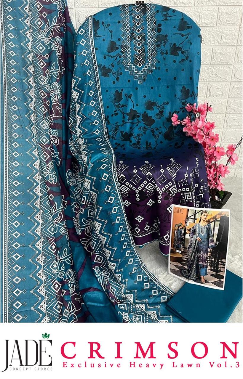 Jade Crimson Exclusive Heavy Lawn Vol 3 Cotton Printed Pakistani Dress Material Supplier In Jetpur - jilaniwholesalesuit