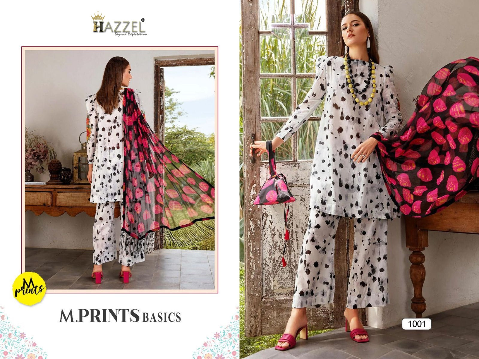 Hazzel M Prints Basics Cottton Printed With Embroidery Patches Pakistani Dress Chiffon Dupatta - jilaniwholesalesuit
