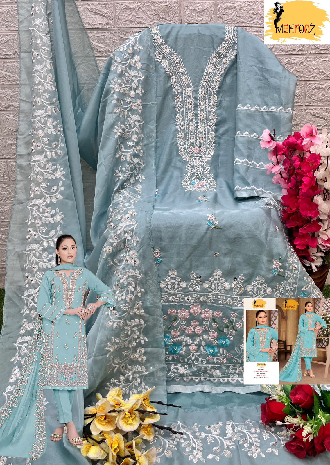 Mehfooz D.no AA 1019 Organza With Moti Work Pakistani Suits Manufacturer In Surat - jilaniwholesalesuit