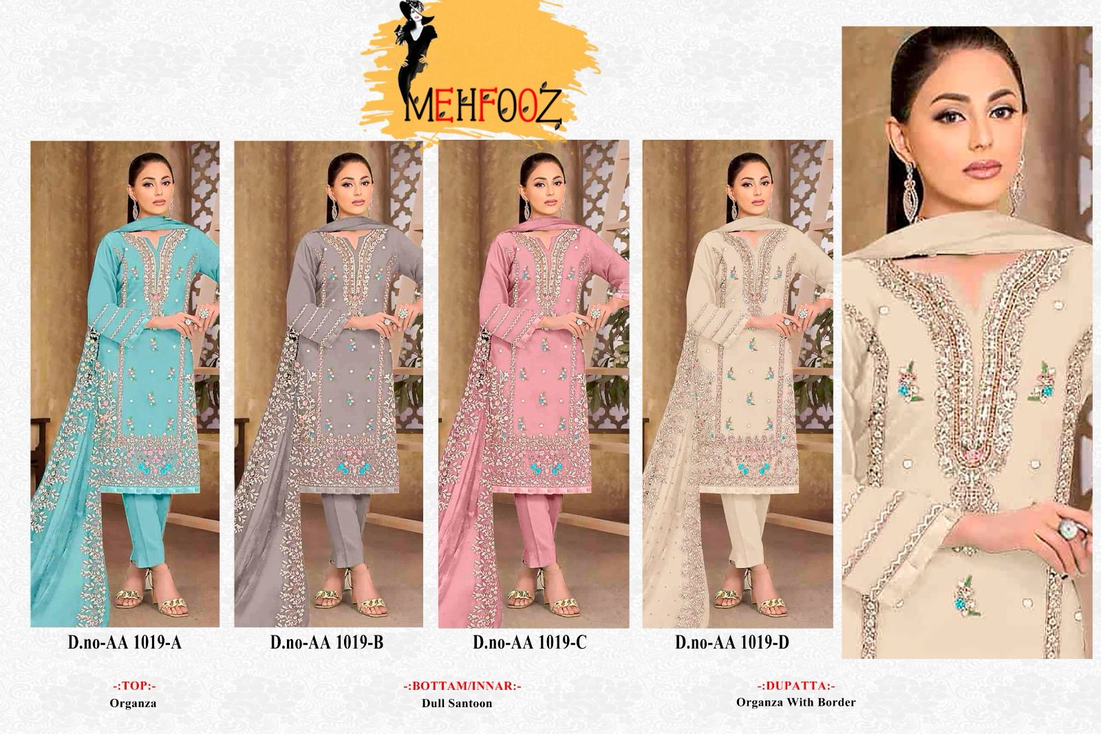 Mehfooz D.no AA 1019 Organza With Moti Work Pakistani Suits Manufacturer In Surat - jilaniwholesalesuit