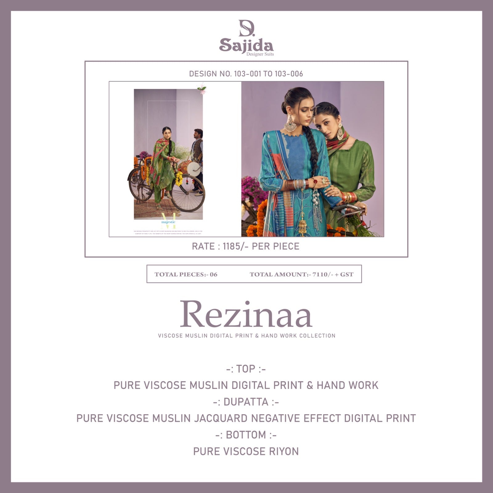Sajida Designer Suits Rezinaa Viscose Digital Print With Handwork Salwar Suit Partywear Suits For Women