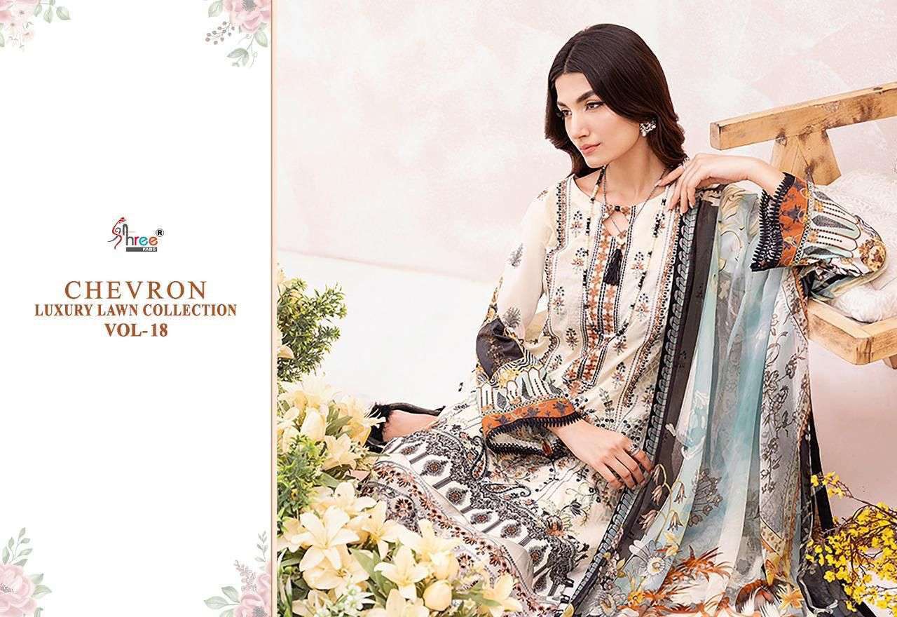 Shree Fabs Chevron Luxury Lawn Collection Vol 18 Cotton With Embroidery Work Cotton Dupatta pakistani suits manufacturer in surat - jilaniwholesalesuit