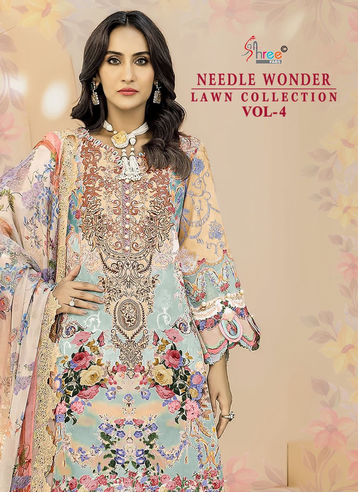 Shree fabs needle wonder lawn collection vol 4 cotton with embroidery work cotton dupatta wholesale pakistani suit - jilaniwholesalesuit