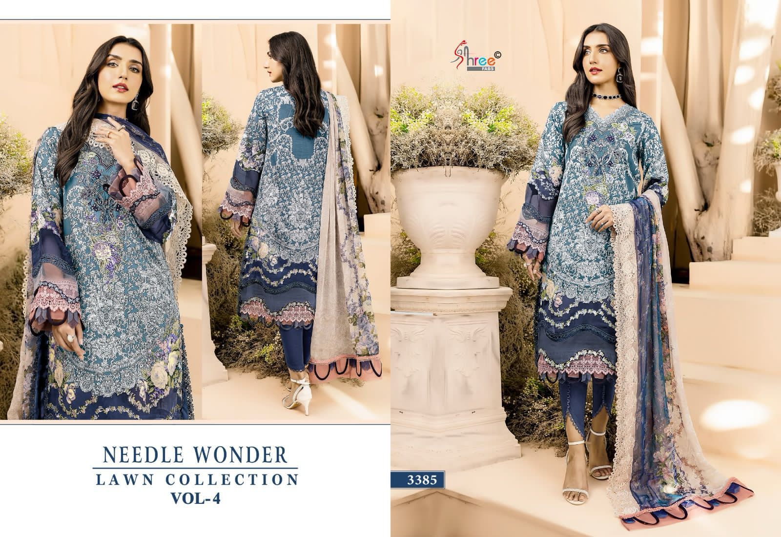 Shree Fabs Needle Wonder Lawn Collection Vol 4 Cotton With Embroidery Work Chiffon Dupatta Wholesale Pakistani Suit - jilaniwholesalesuit