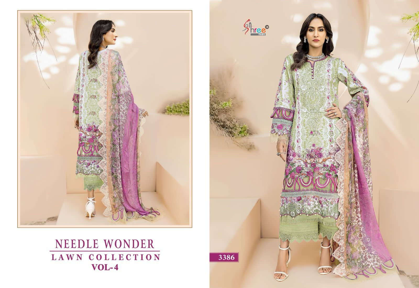 Shree Fabs Needle Wonder Lawn Collection Vol 4 Cotton With Embroidery Work Chiffon Dupatta Wholesale Pakistani Suit - jilaniwholesalesuit