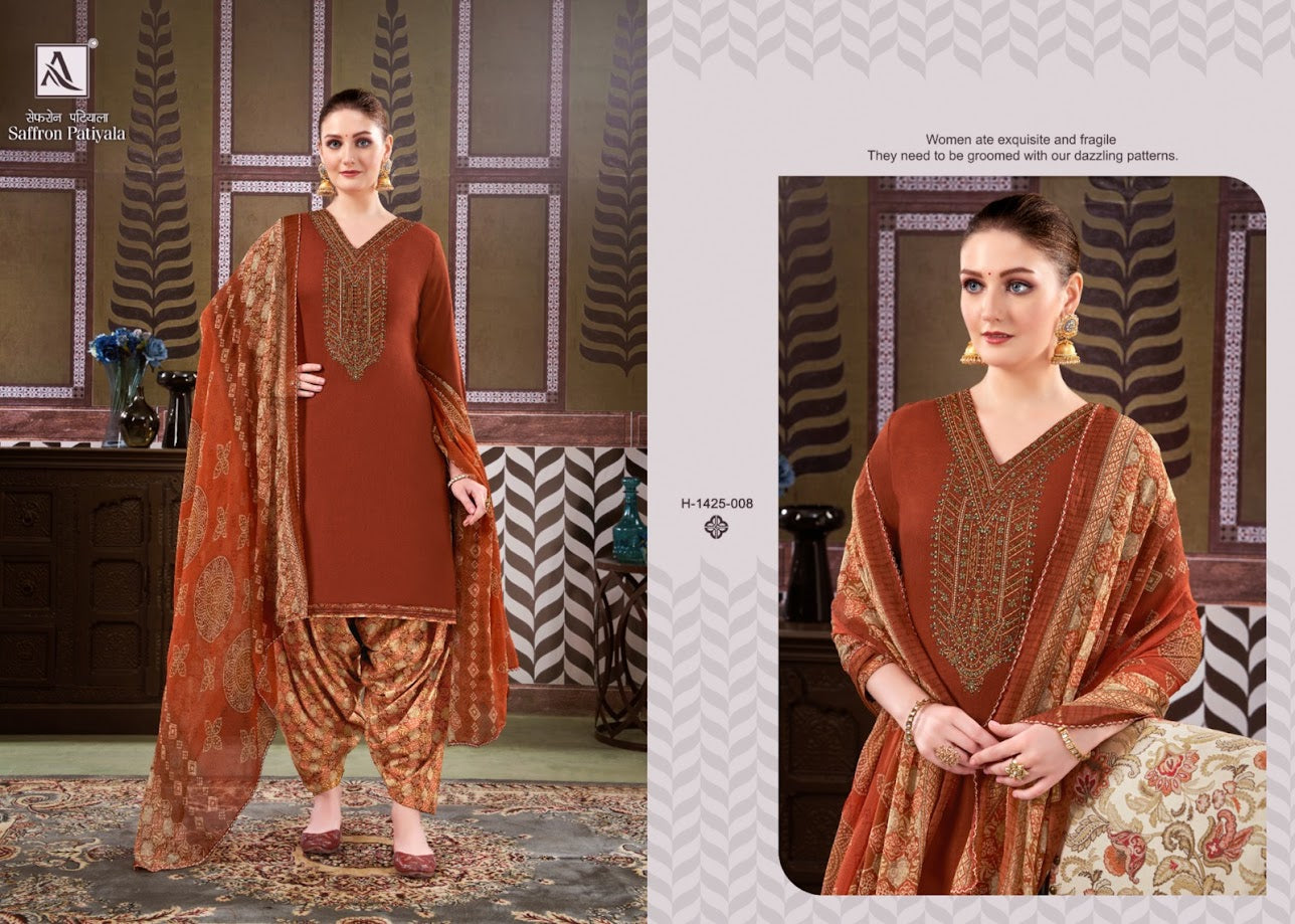 Alok Suits Saffron Patiyala Viscose Reyon Designer Embroidery Work Salwar Kameez Collection Wholesaler - jilaniwholesalesuit