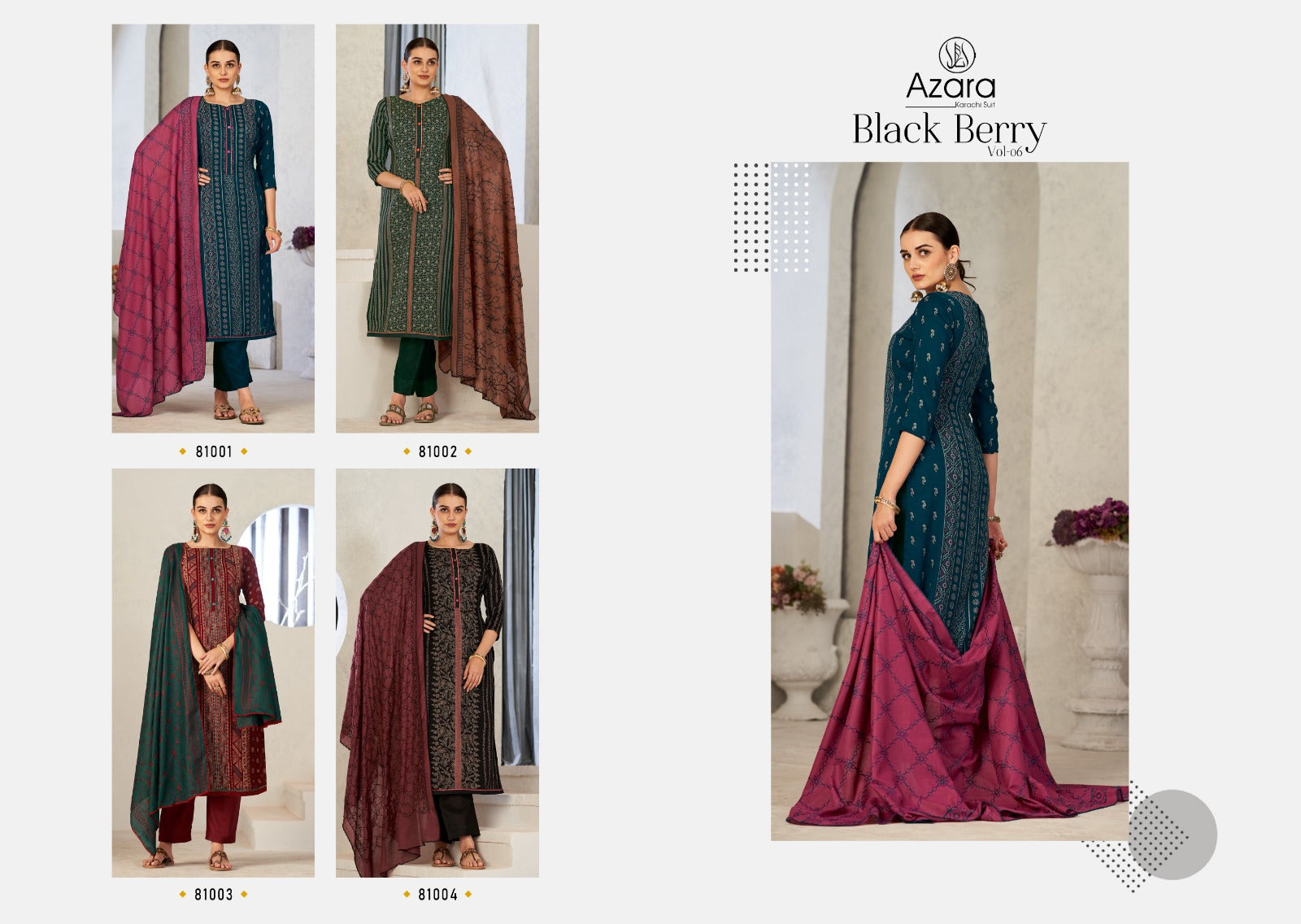 Azara karachi Suit Black Berry Vol 6 Cotton With Neck Line Work Dress Material Wholesale Catalouge - jilaniwholesalesuit