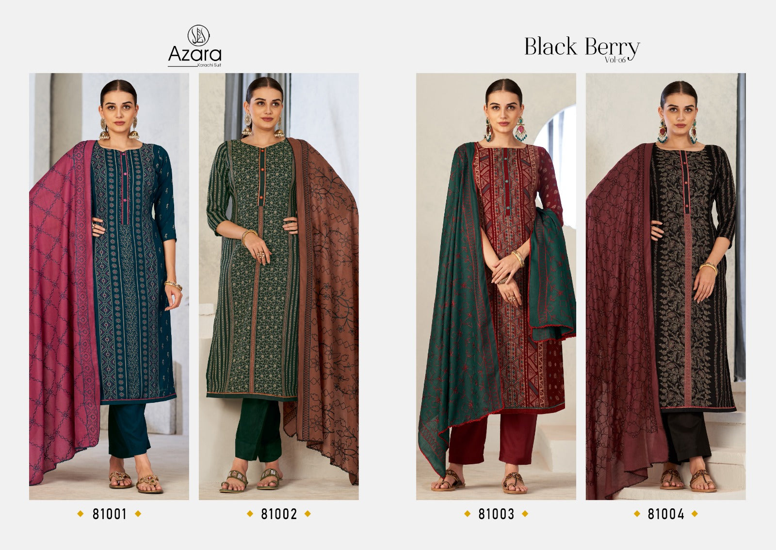 Azara karachi Suit Black Berry Vol 6 Cotton With Neck Line Work Dress Material Wholesale Catalouge - jilaniwholesalesuit