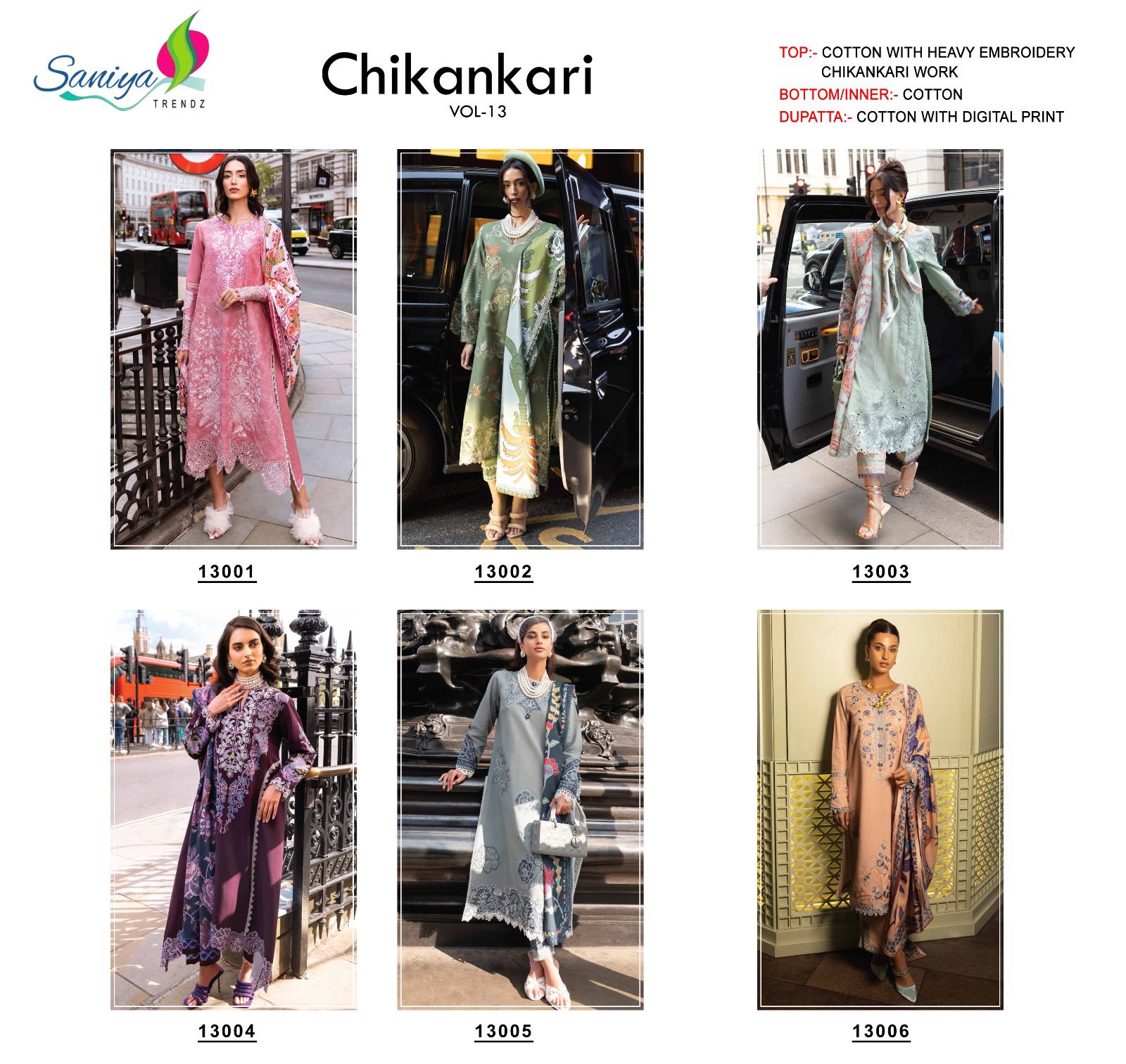 Saniya Trendz Chikankari Vol 13 Cotton With Embroidery Work Pakistani Salwar Suits Wholesale Catalog