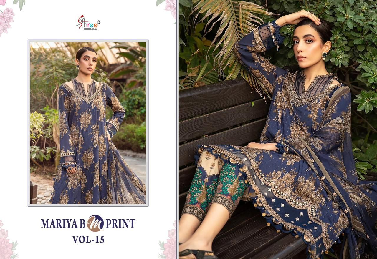 Shree fabs Maria B Mprint Vol 15 Cotton With Embroidery Work Cotton Dupatta Pakistani Suits Wholesale Supplier