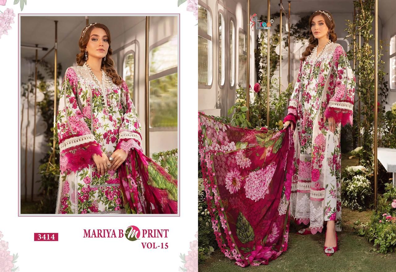 Shree Fabs Maria B MPrint Vol 15 Cotton With Embroidery Work Chiffon Dupatta Pakistani Suits Latest Collection At Wholesale Rate