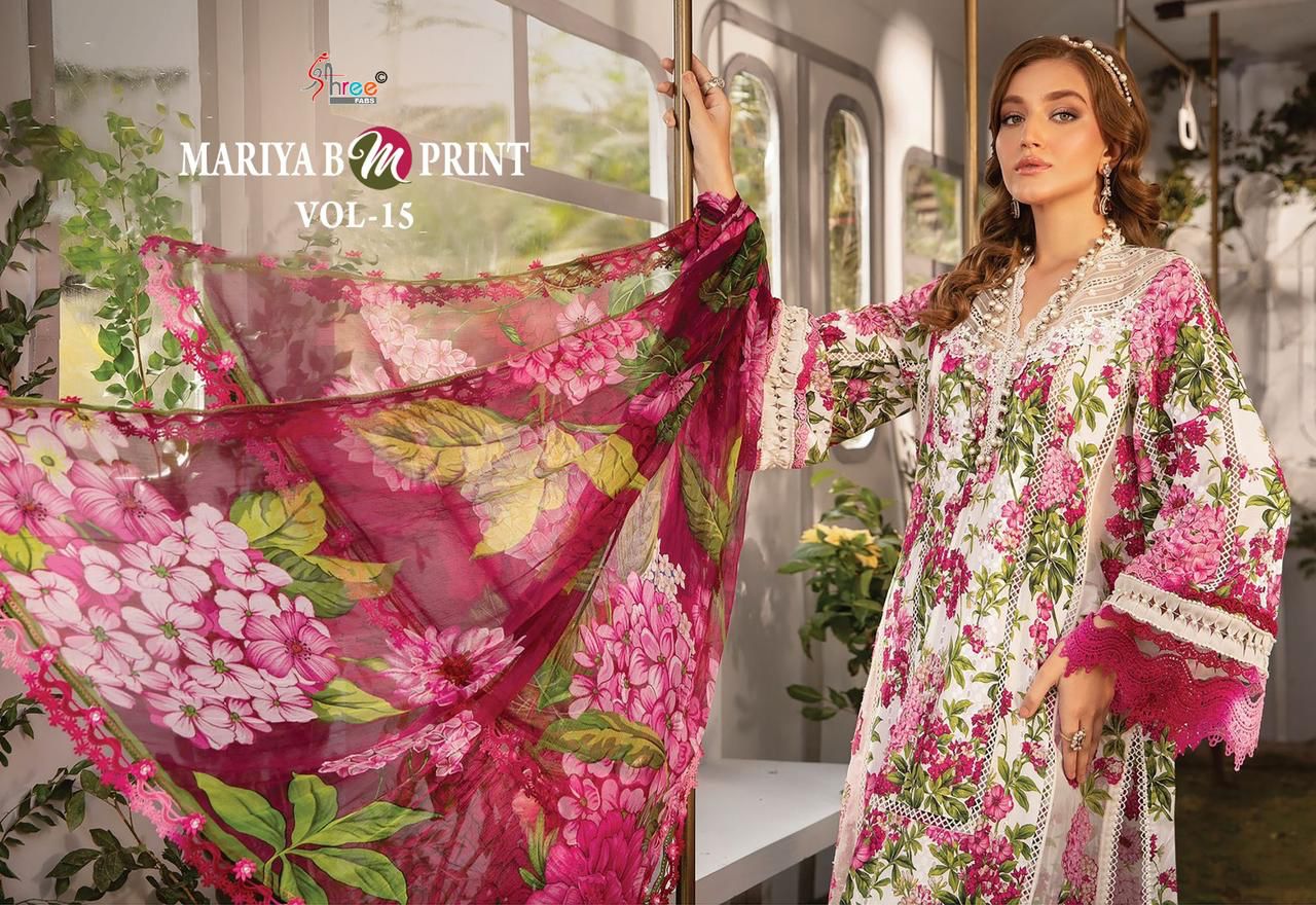 Shree fabs Maria B Mprint Vol 15 Cotton With Embroidery Work Cotton Dupatta Pakistani Suits Wholesale Supplier