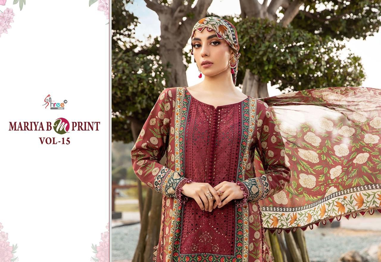 Shree fabs Maria B Mprint Vol 15 Cotton With Embroidery Work Cotton Dupatta Pakistani Suits Wholesale Supplier