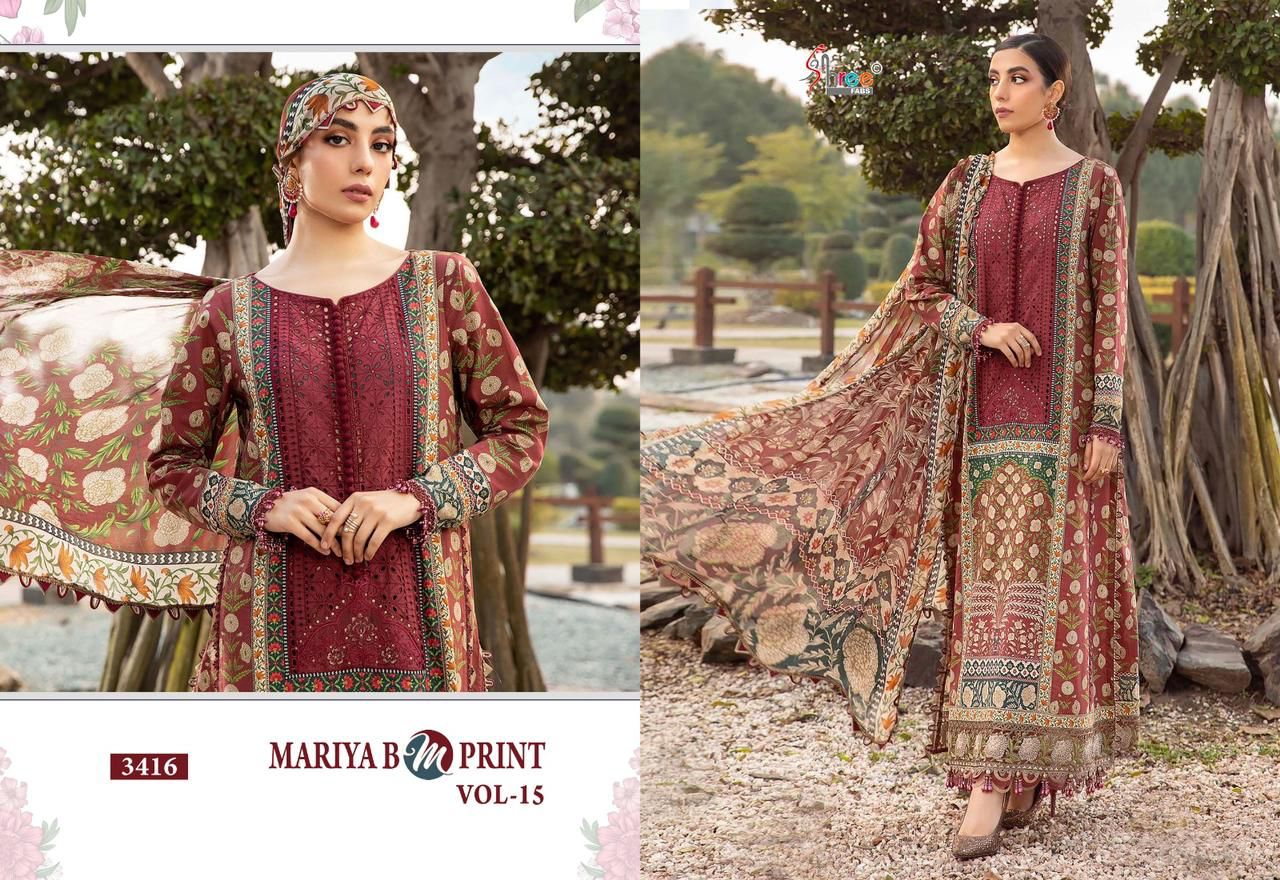Shree Fabs Maria B MPrint Vol 15 Cotton With Embroidery Work Chiffon Dupatta Pakistani Suits Latest Collection At Wholesale Rate