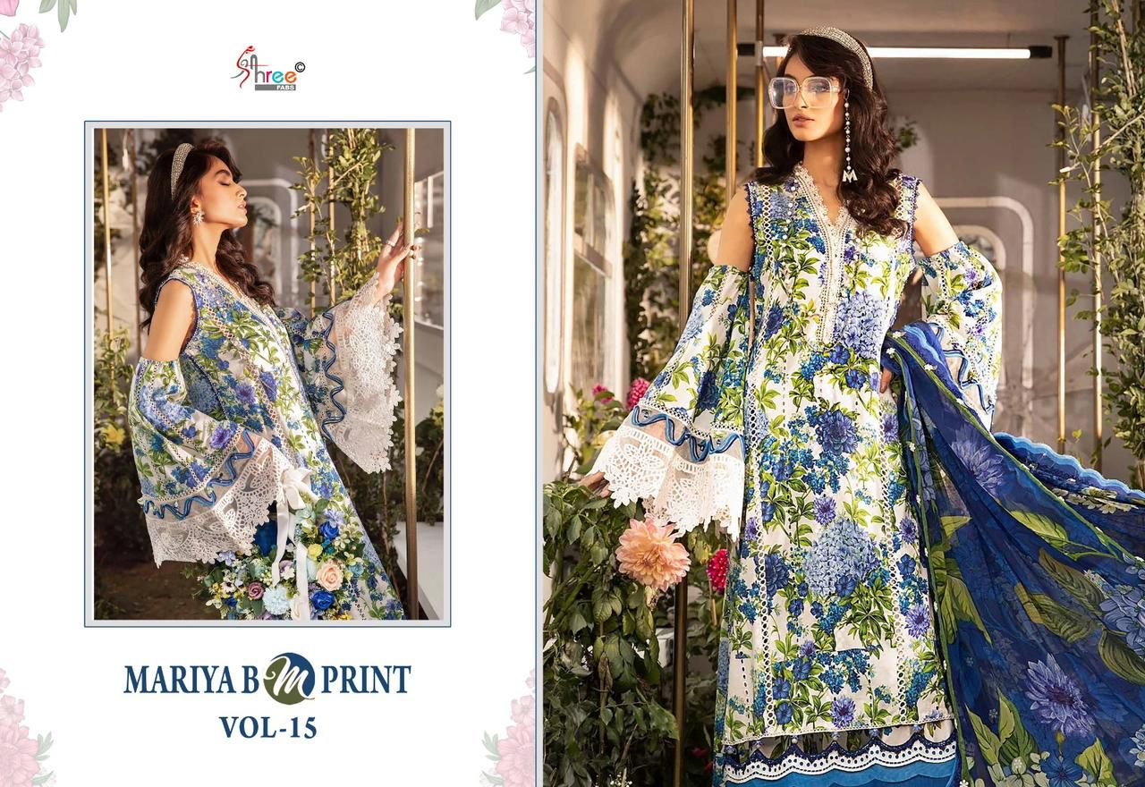 Shree fabs Maria B Mprint Vol 15 Cotton With Embroidery Work Cotton Dupatta Pakistani Suits Wholesale Supplier