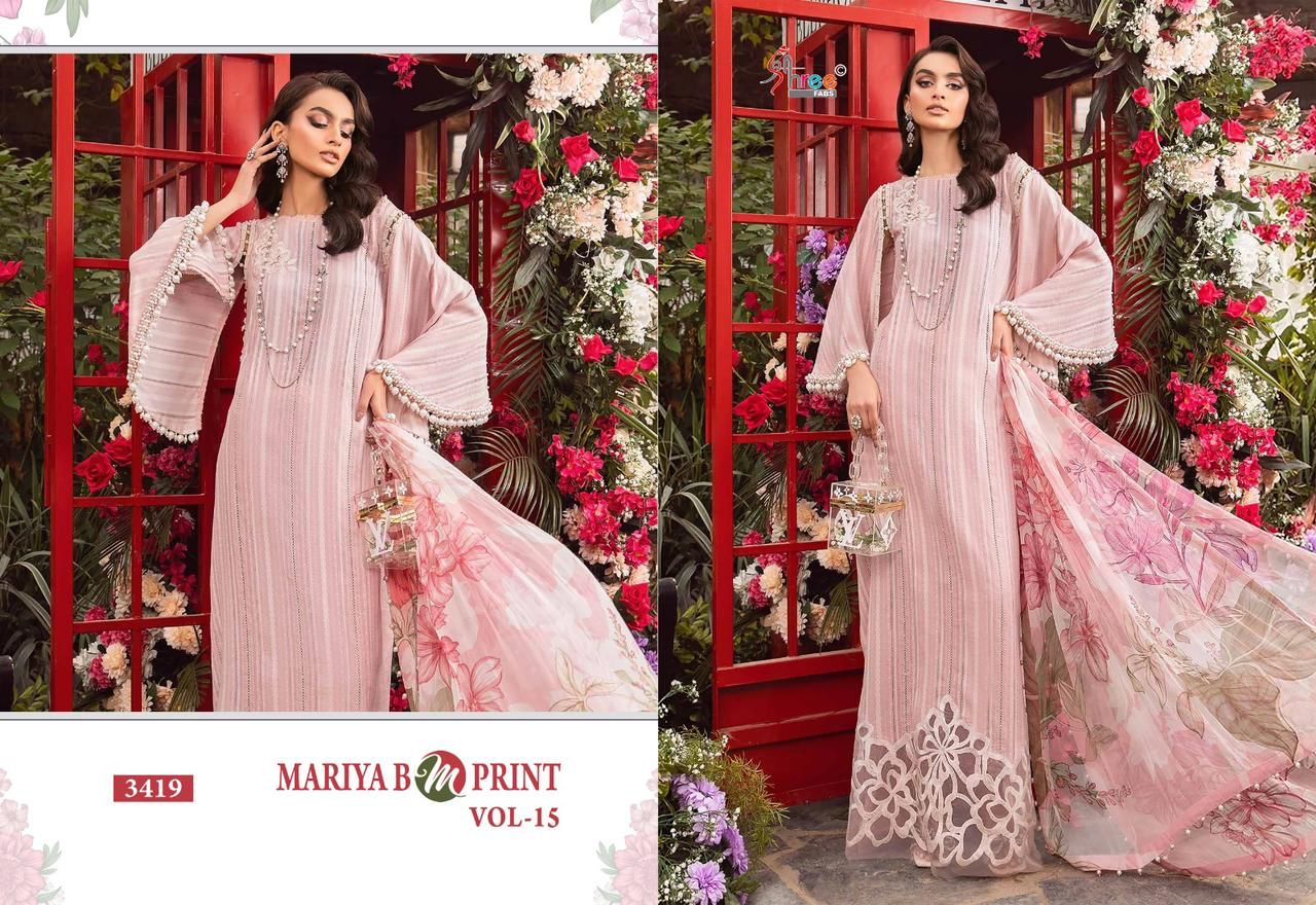 Shree fabs Maria B Mprint Vol 15 Cotton With Embroidery Work Cotton Dupatta Pakistani Suits Wholesale Supplier