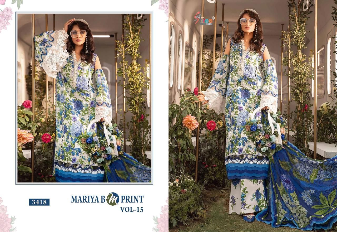 Shree fabs Maria B Mprint Vol 15 Cotton With Embroidery Work Cotton Dupatta Pakistani Suits Wholesale Supplier