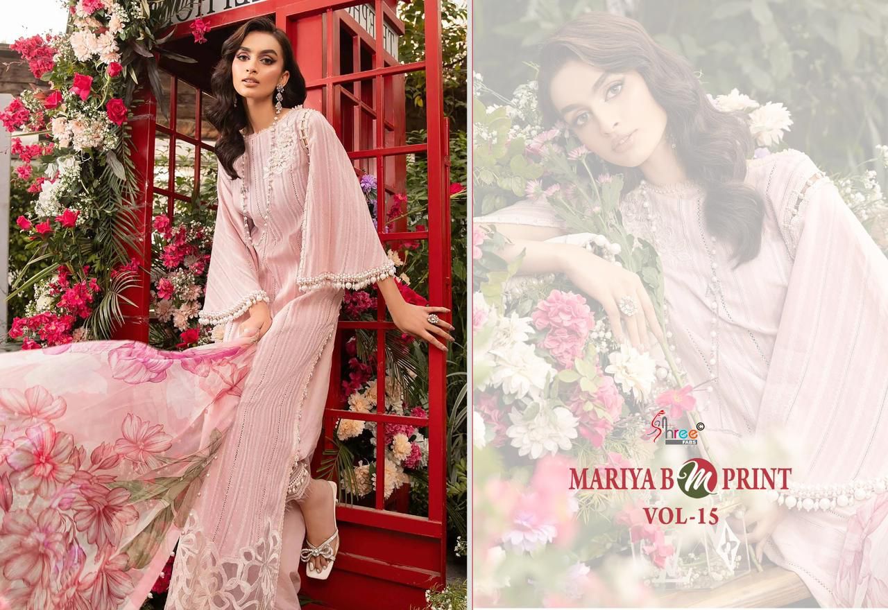 Shree fabs Maria B Mprint Vol 15 Cotton With Embroidery Work Cotton Dupatta Pakistani Suits Wholesale Supplier