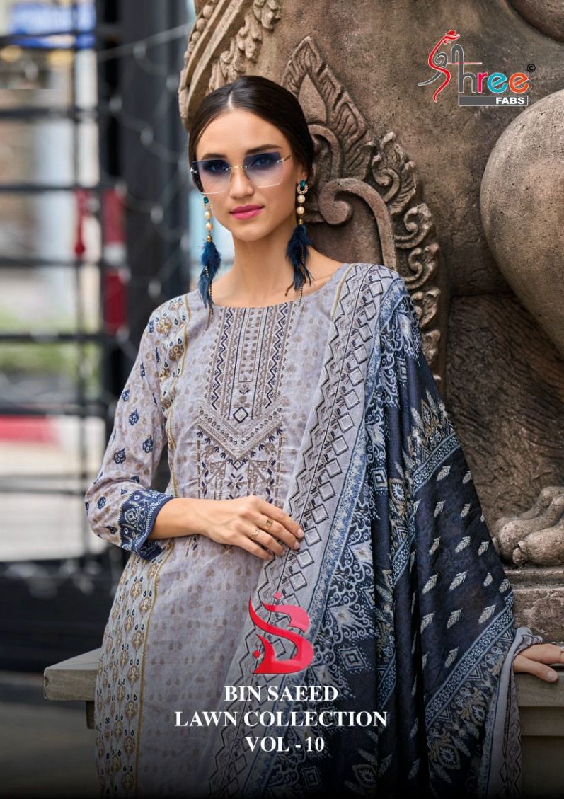 Shree Fabs Bin Saeed Lawn Collection Vol 10 Cotton With Embroidery Work Pakistani Salwar Suits Wholesale Supplier