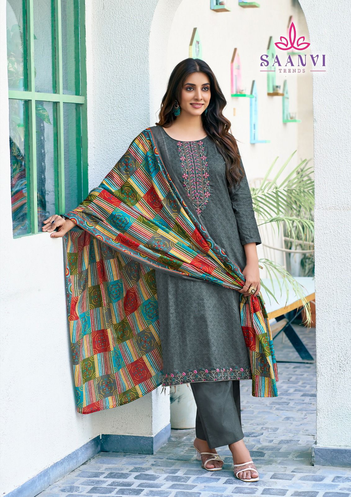 Saanvi Trends Romani Heavy Cotton Printed With Embroidery Work Dress Material Supplier In Surat
