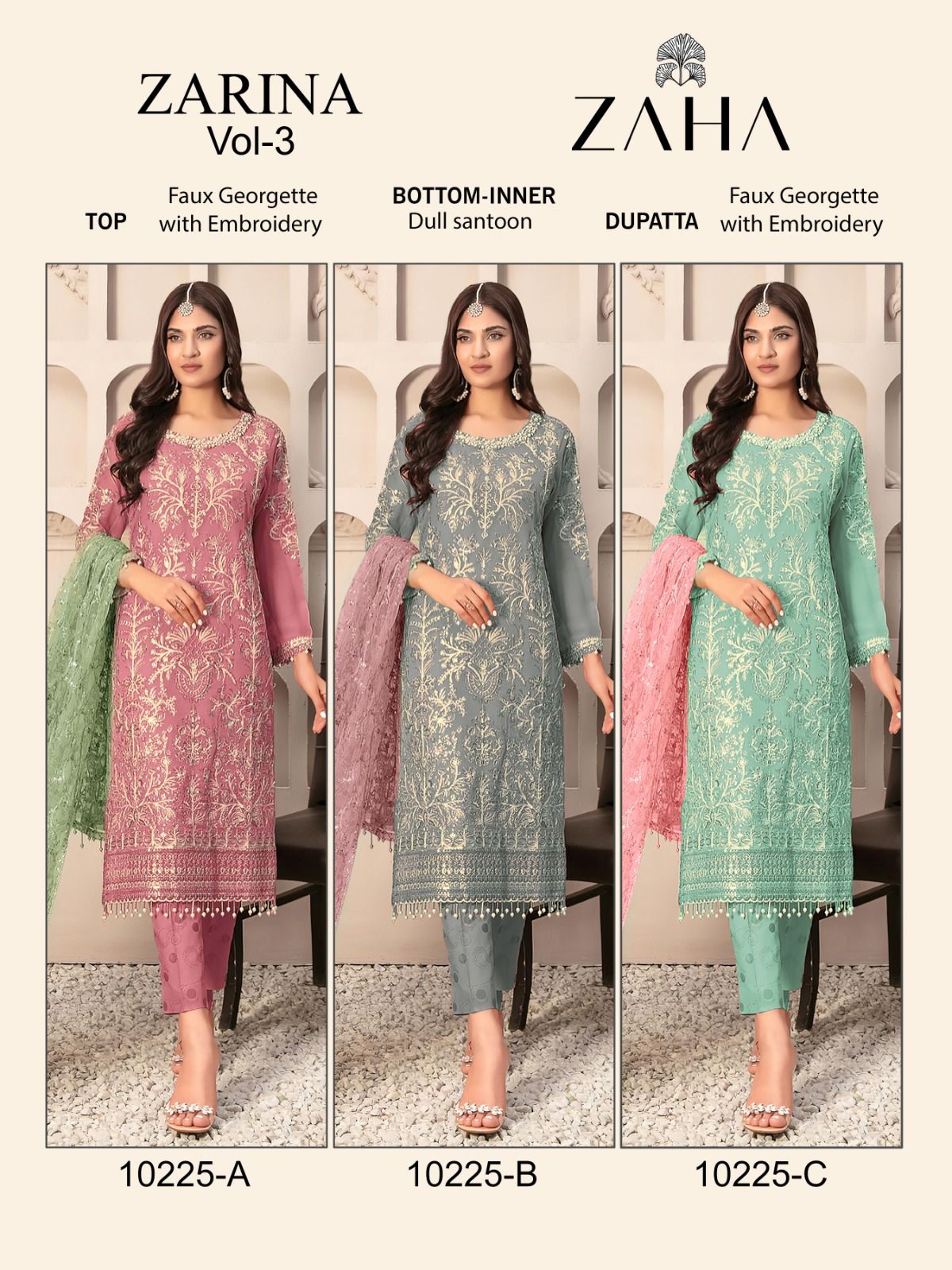 Zaha Zarina Vol 3 Georgette With Embroidery Work Salwar Suits At Wholesale Price