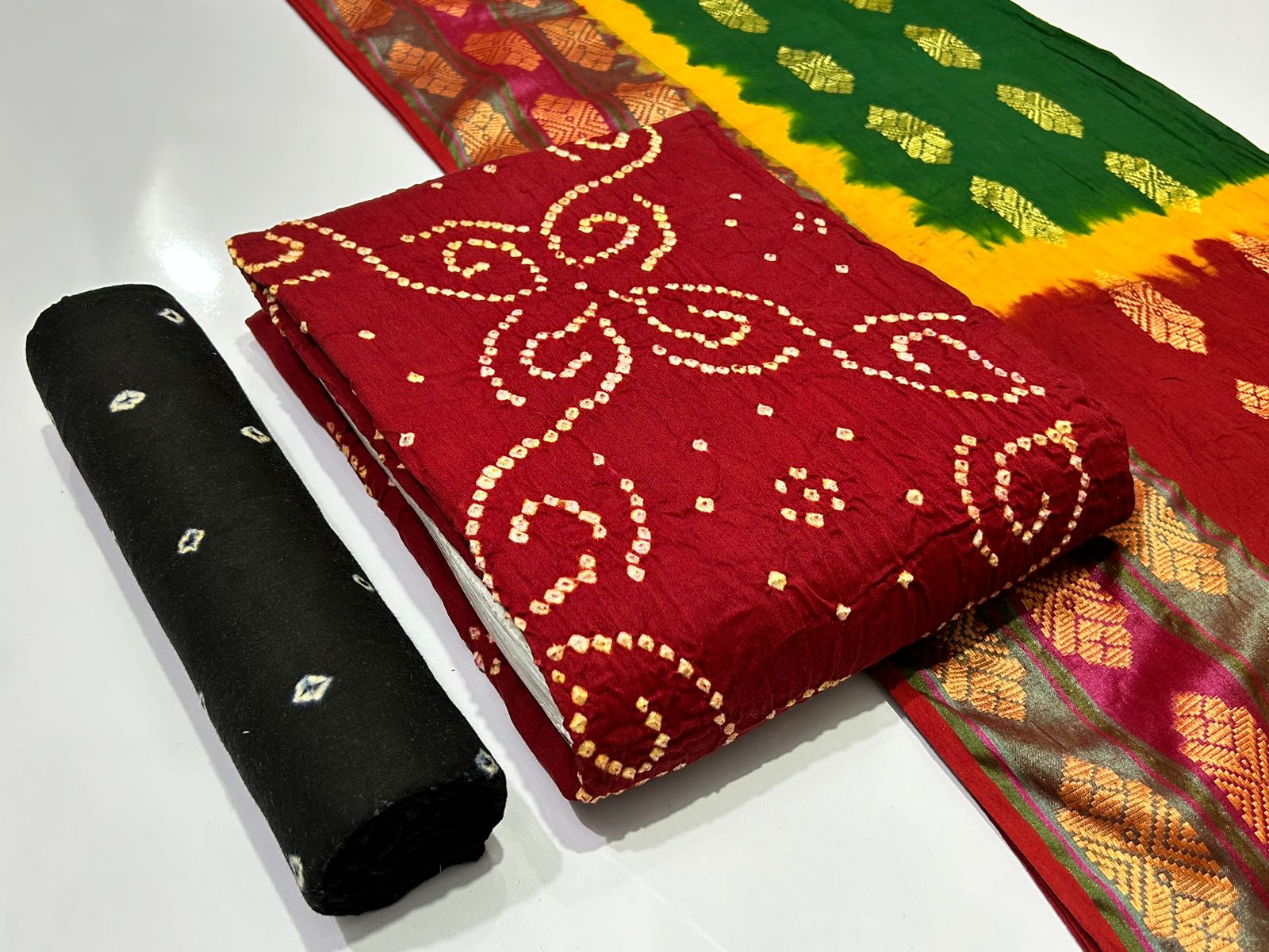Jilani Textile bandhani vol 3 Satin Cotton Bandhani Dress Material Manufacturer In Jetpur - jilaniwholesalesuit